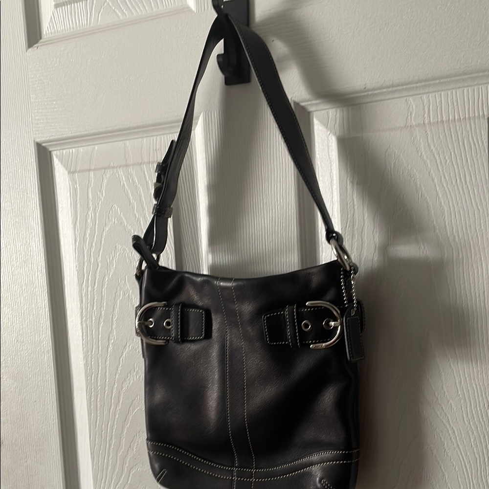 Coach Dark Leather Hobo Bag with Buckle Accents
